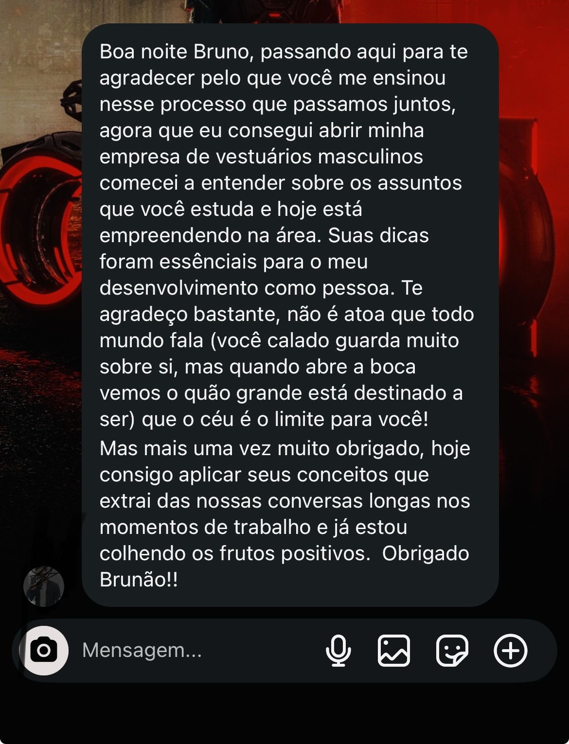 Feedback de aluno agradecendo pelos ensinamentos e contando que abriu a própria empresa